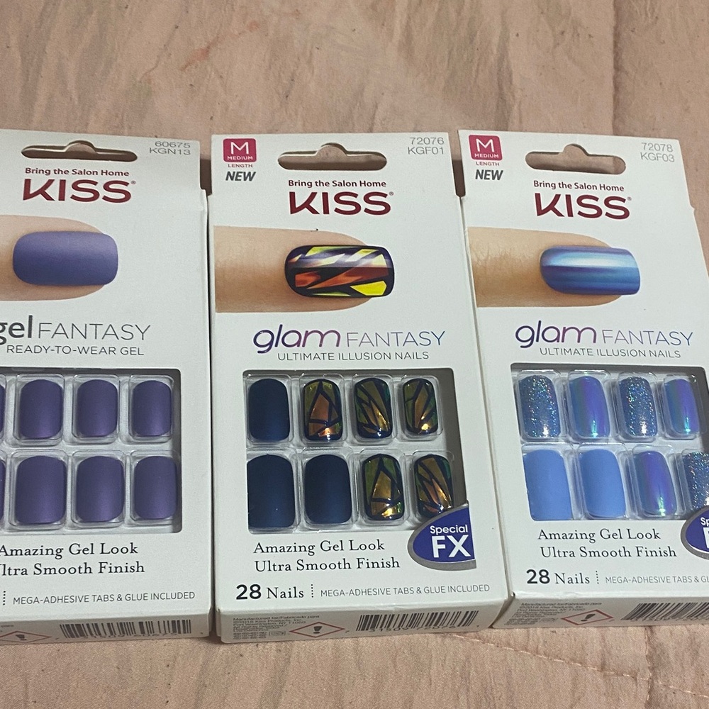 Kiss Gel Fantasy and Glam Fantasy Nail Set - Blue and Multicolor bundle of 3